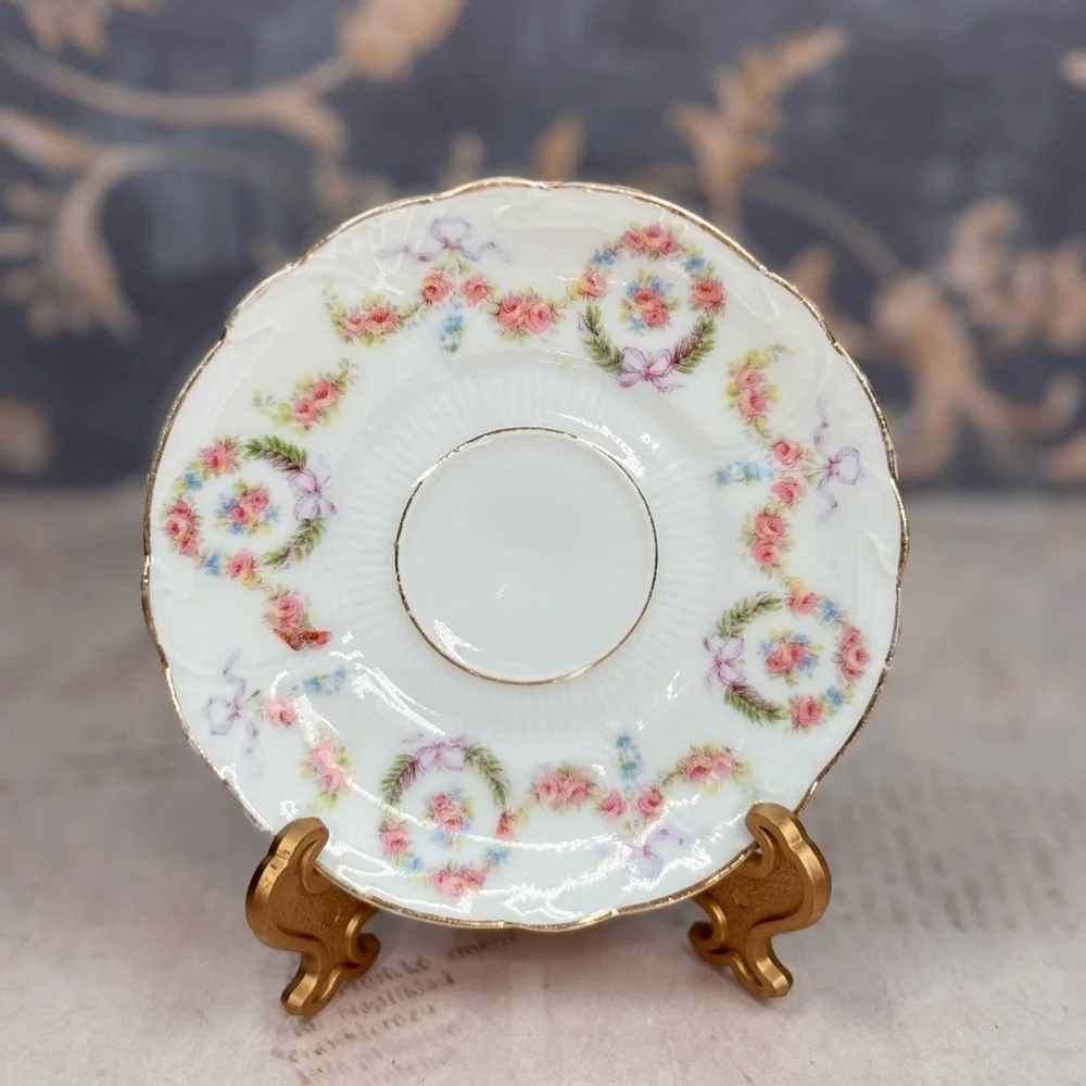 Antique Haviland Style Limoges Floral Saucers Gold Trim Set 2